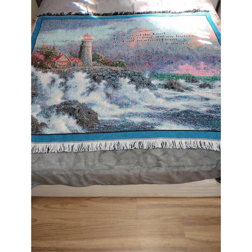 Thomas Kinkade Painter of Light Conquering the Storms Lighthouse Throw 50"x56"